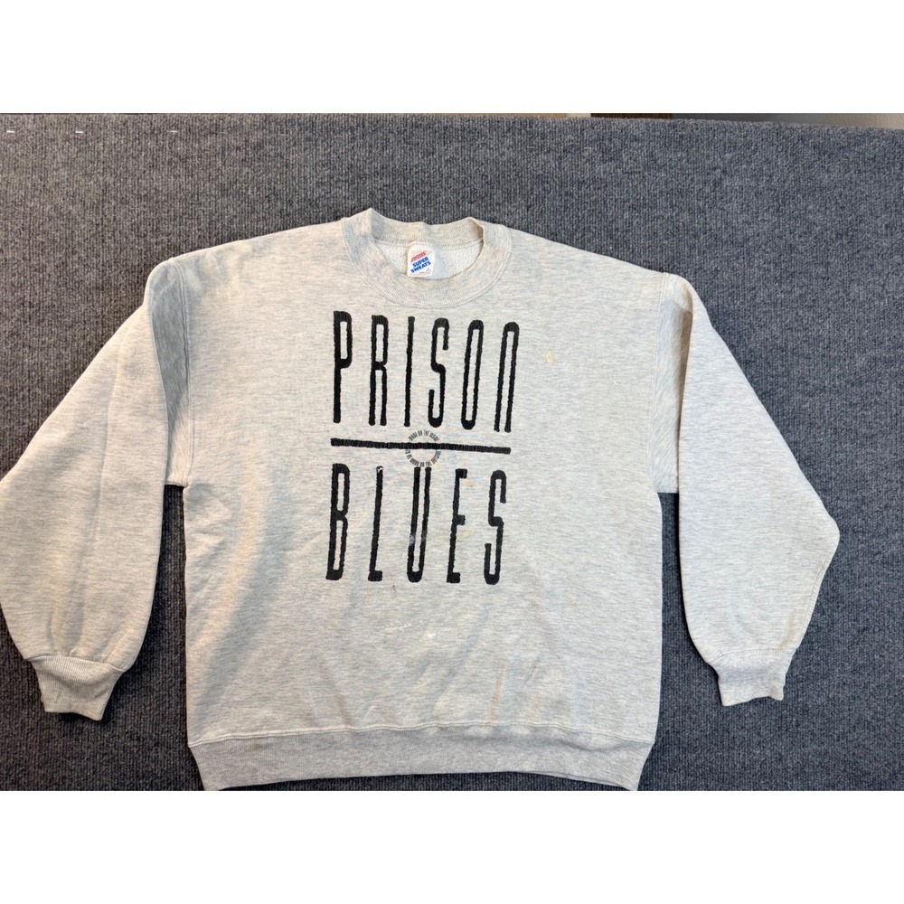 Vintage Jerzees Prison Blues Sweatshirt Mens L Gray Crewnec USA Made Stained 90s